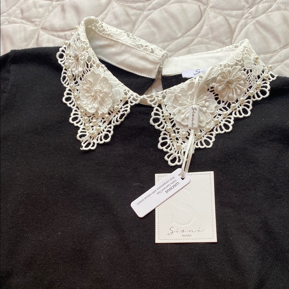 NWT Elegant, Pearl-and-Lace Collared Black Sweater Top